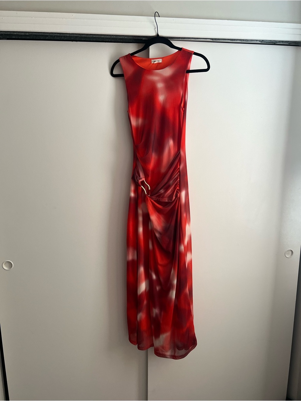 Rachel Paige Red and White Tie-Dye Maxi Dress with Side Drape